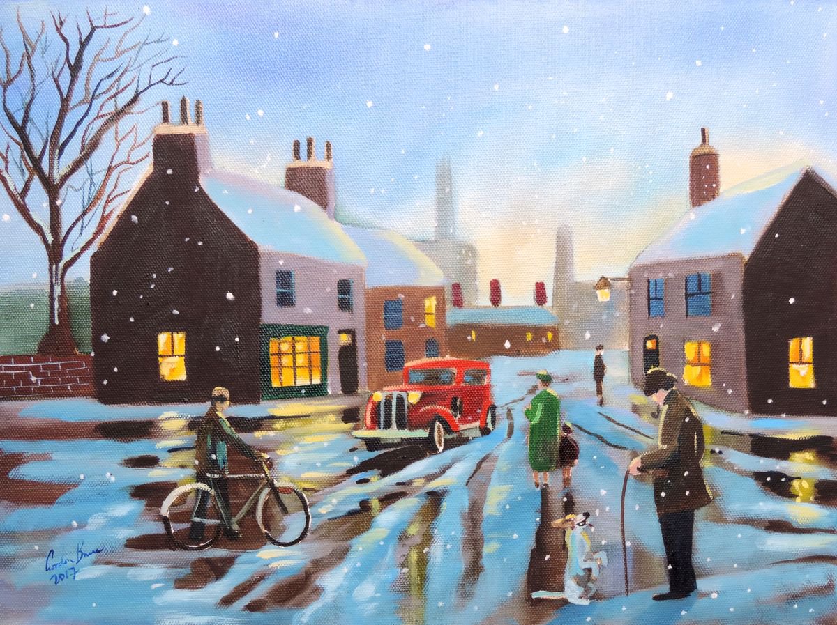 Winter street scene oil painting "New car in tow | Artfinder