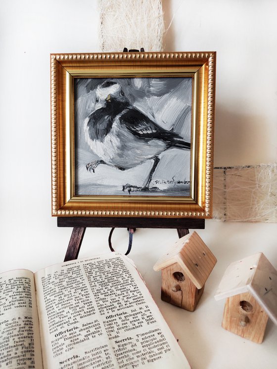 Black and white bird painting original oil and frame 4x4, Bird watching framed artwork, Wildlife art gift for brother