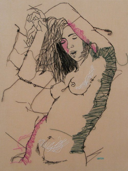 Embroidered Female Nude Figure Study Green And Pink by Andrew Orton