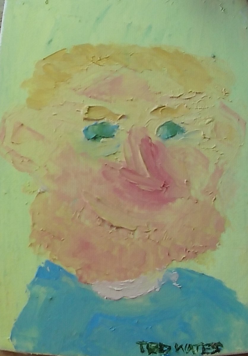 Naive Portrait Oil Painting By Ted Wates, 5 X 7", Portrait Of A Man, Original Artwork