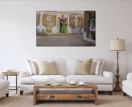 Old Courtyard - Indian Landscape - Scene - Large Size - Oil Painting 90 x 150 cm