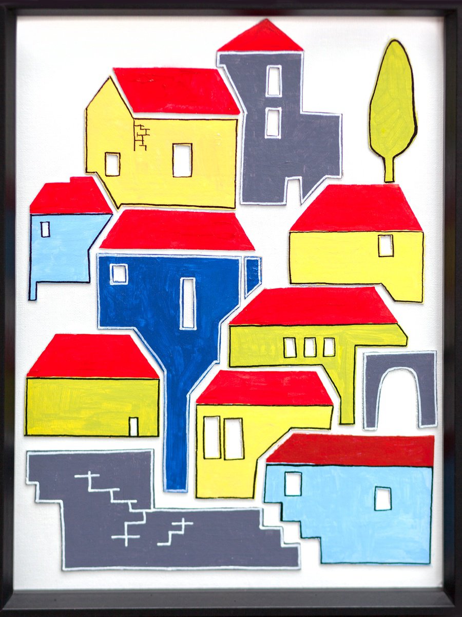 Cityscapes Collage By Ariadna De Raadt, 14 X 18, Houses And Roofs 2, Original Artwork
