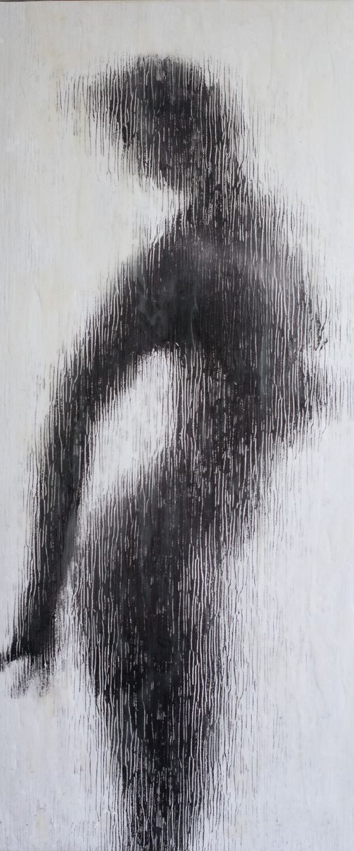 "Resignation" (80x35x2,5cm) - Unique portrait artwork on wood (abstract, portrait, gouache, original, painting, coffee, acrylic, oil, watercolor, encaustics, beeswax, resin, wood, fingerpaint) by Rouzbeh Tahmassian