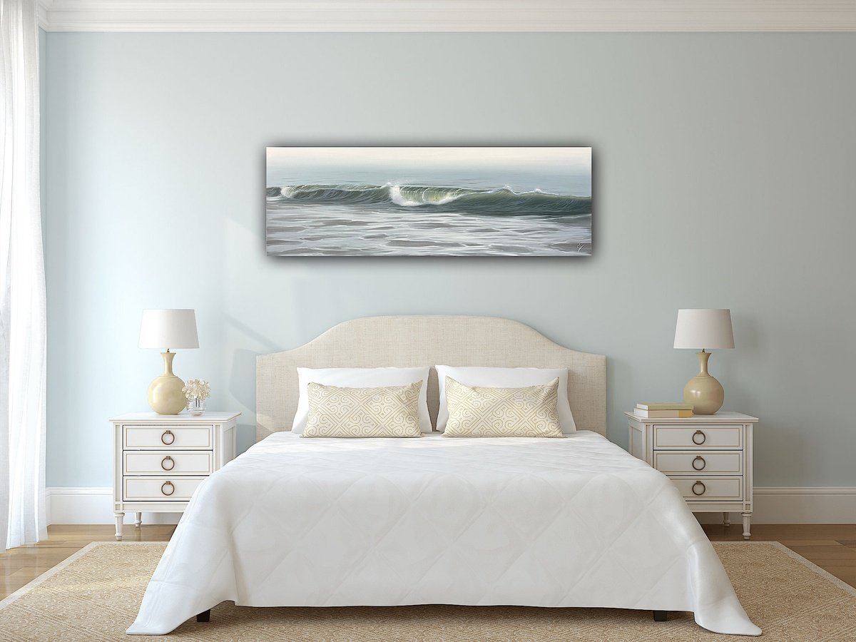 Photorealistic Landscape Oil Painting By Eva Volf, 60 X 20, Murmurs Of The Ocean, Original Artwork