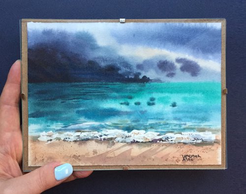 The ocean before the thunderstorm. Turquoise watercolor seascape painting. by Natalia Veyner
