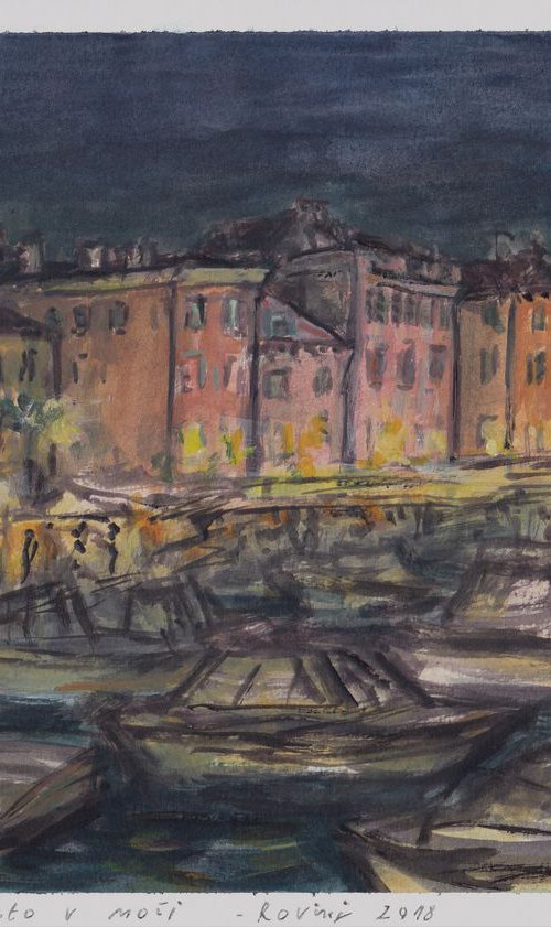 Mesto v noči – Rovinj / City in the Night – Rovinj, 2018, acrylic on paper, 20,8 x 29,5 cm by Alenka Koderman