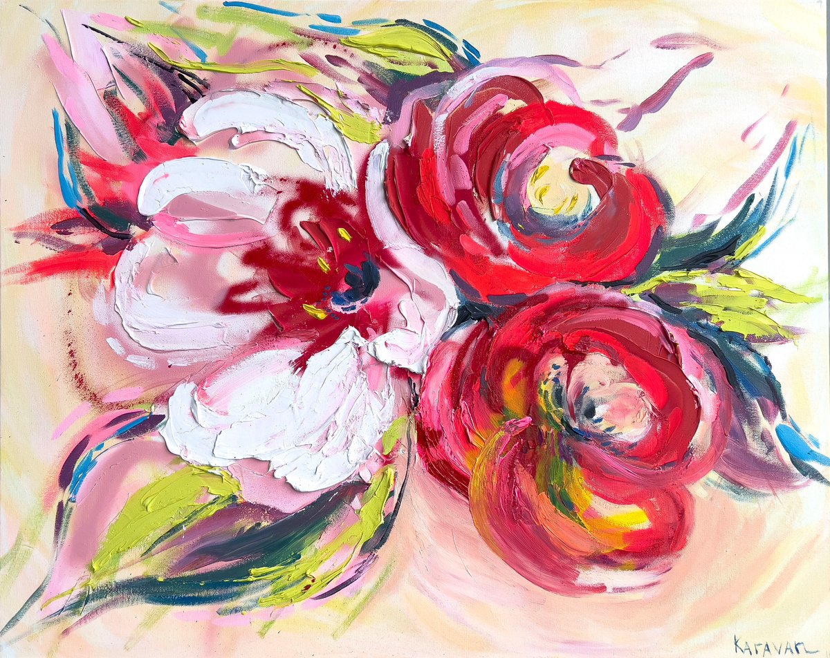 Impressionistic Botanical Acrylic Painting By Nataliia Karavan, 30 X 24", Petals Of Passion, Original Artwork