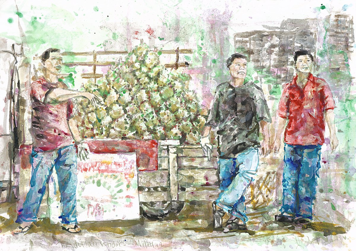 Expressive Portrait Acrylic Painting By Gordon T., 29 X 20, The Durian Vendors, Malaysia, Original Artwork