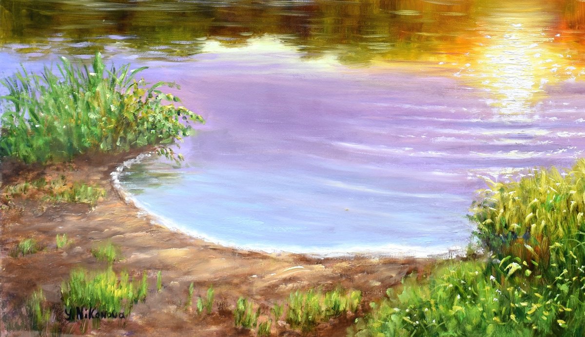 Impressionistic Landscape Oil Painting By Yulia Nikonova, 28 X 22", Sunset Over Lake, Original Artwork