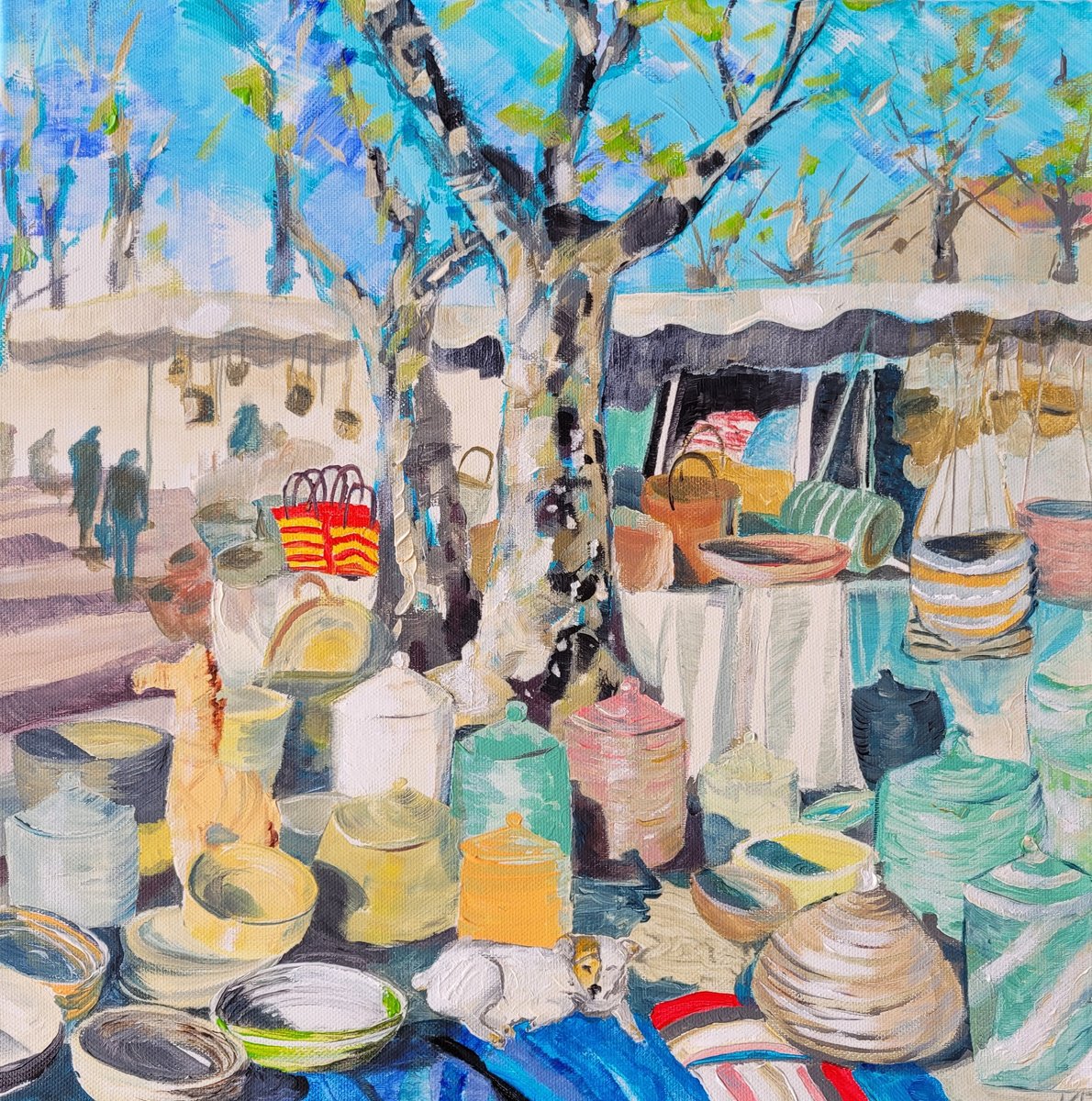 Impressionistic Cityscapes Acrylic Painting By Kathrin Floge, 16 X 16", Market In Port-Vendres: Le Marchand De Paniers, Artfinder