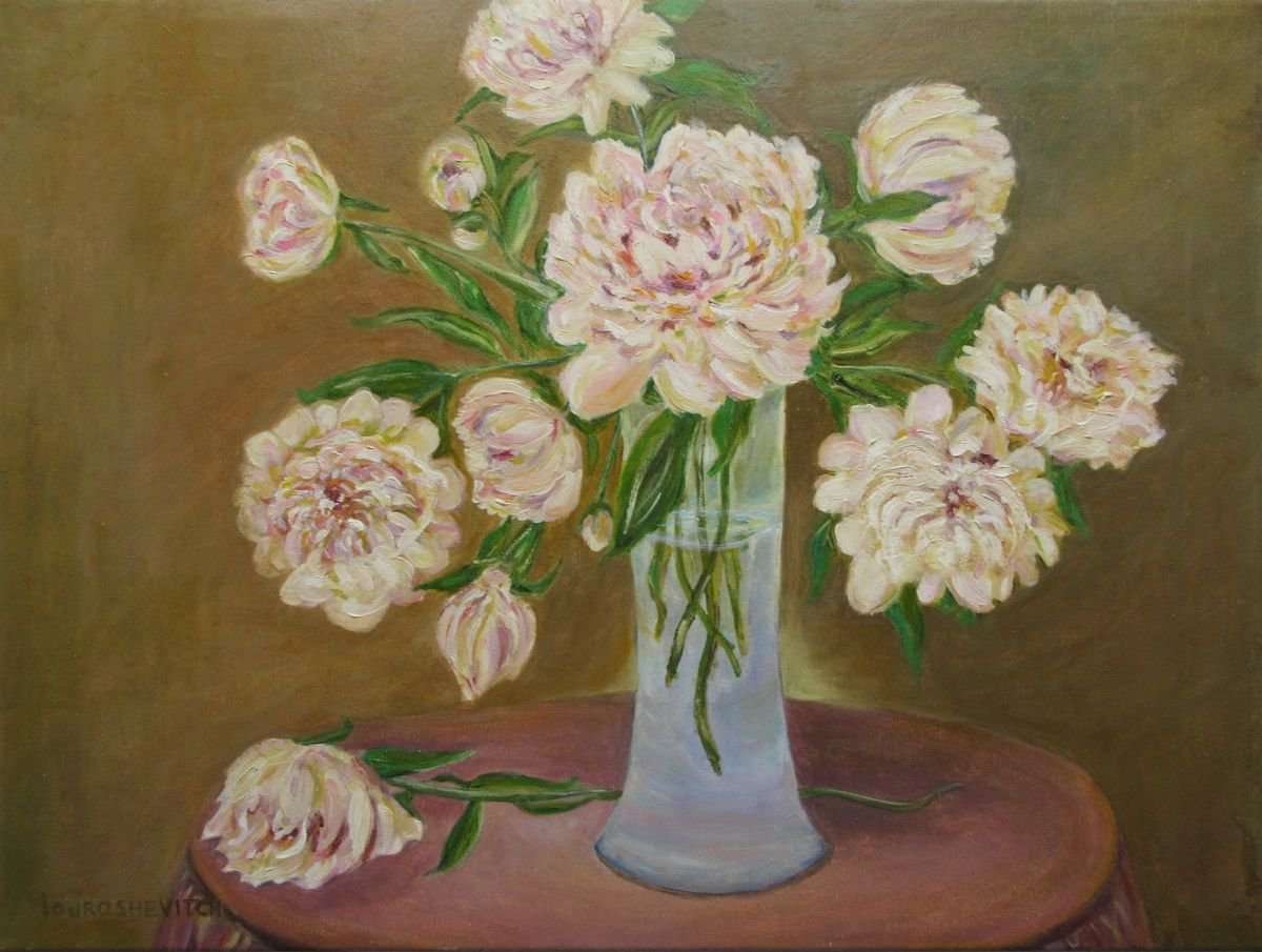 Peonies in a vase - Traditional Original Oil Painting of Blooming Flowers Peonies staying... by Katia Ricci