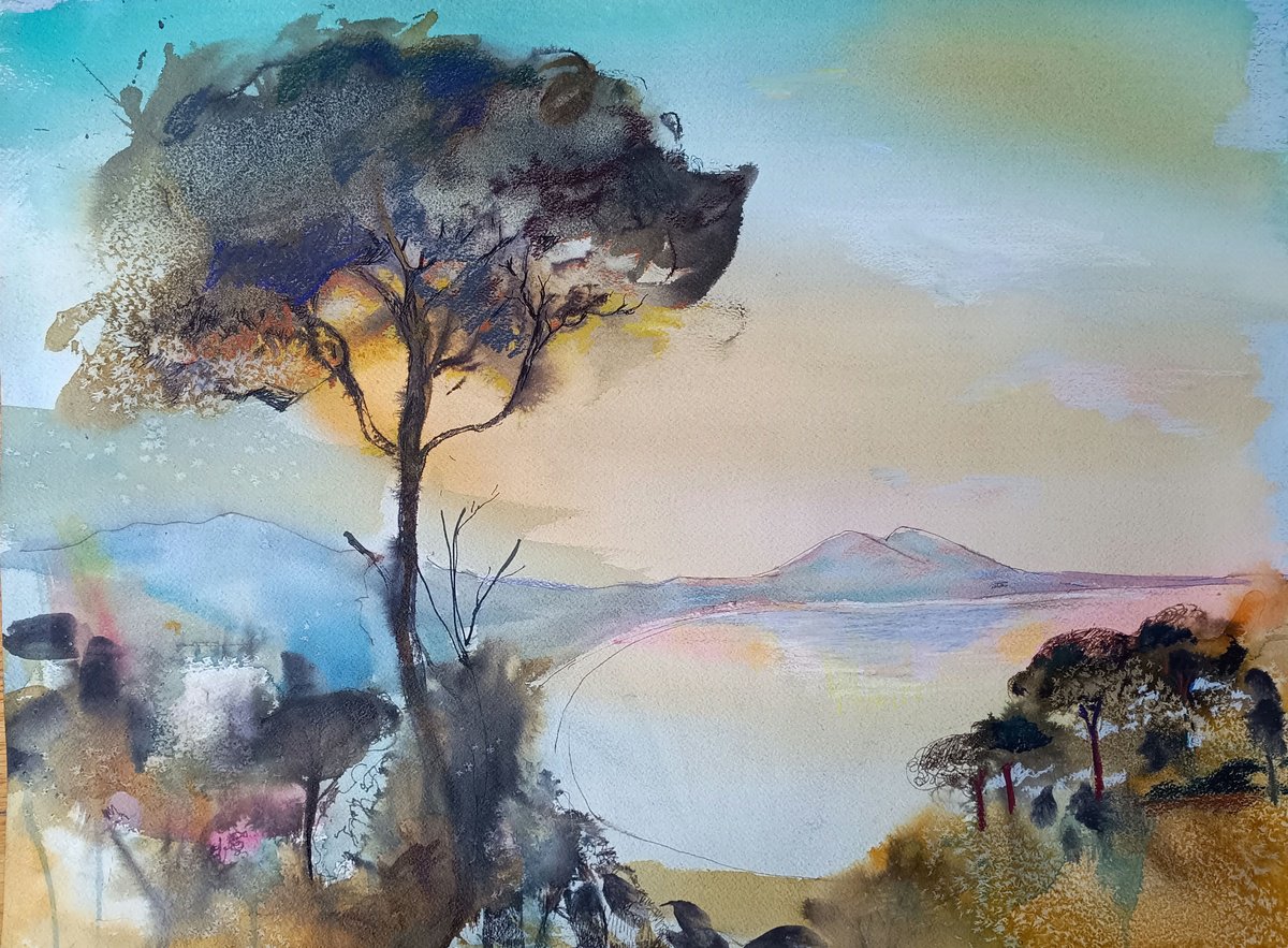 Expressive Landscape Watercolour By Marina Del Pozo, 20 X 14", Antique Landscape, Original Artwork