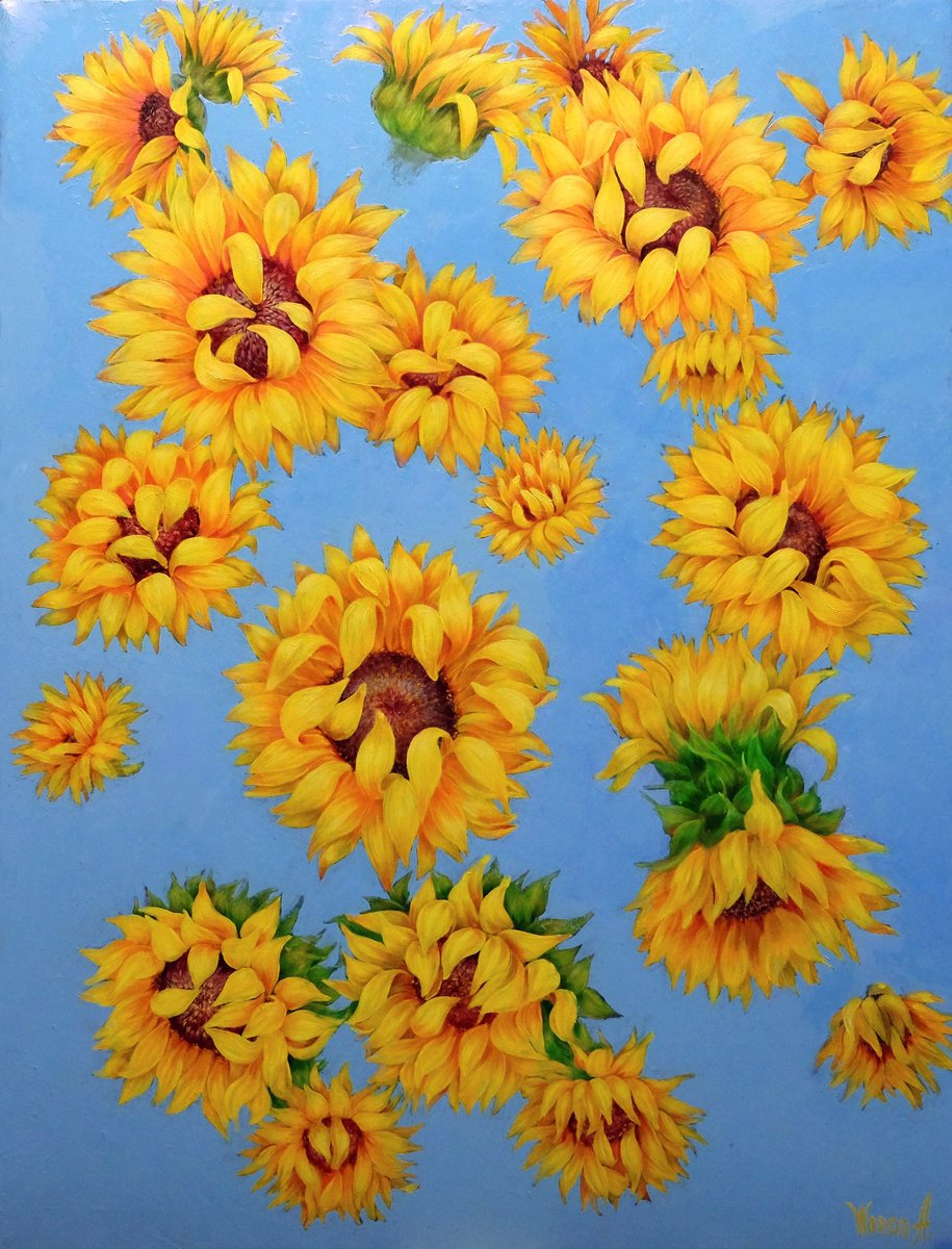 Photorealistic Botanical Oil Painting By Anastasia Woron, 20 X 24, Sunflowers Over The Blue Sky., Original Artwork