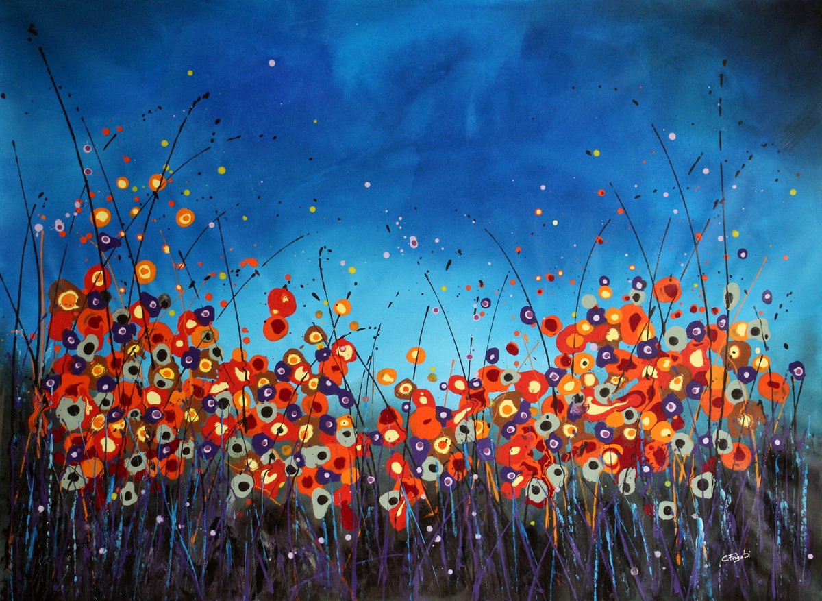 Expressive Botanical Acrylic Painting By Cecilia Frigati, 52 X 39, Night Tales #8, Original Artwork