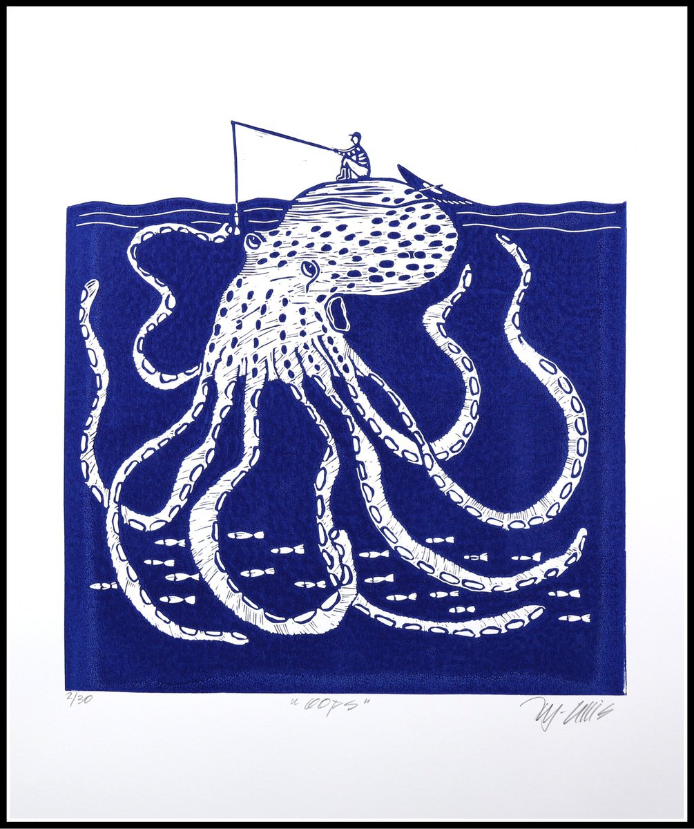 Illustrative Animal Linocut By Mariann Johansen-Ellis, 16 X 20", Oops, Original Artwork