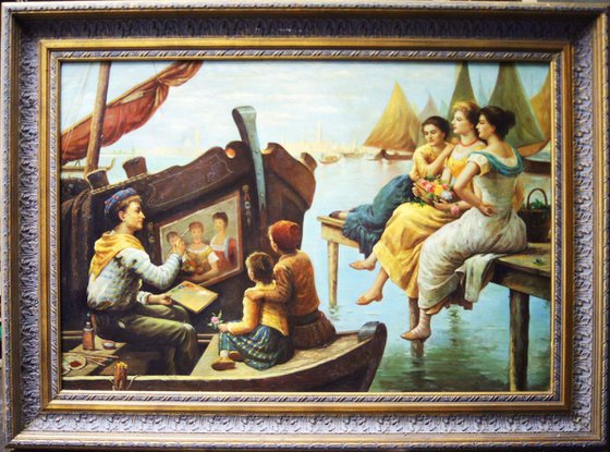 Romantic early century Italian harbour scene with frame