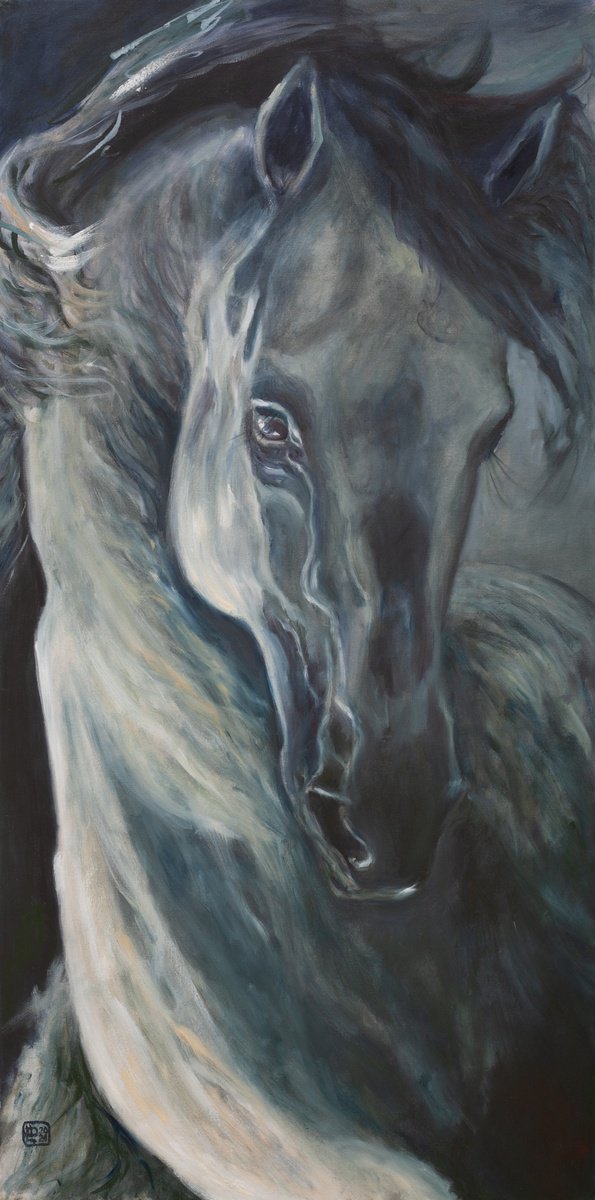 Photorealistic Oil Painting , Silver Horse By Liudmila Pisliakova, 19 X 35, Artwork For Sale On Artfinder