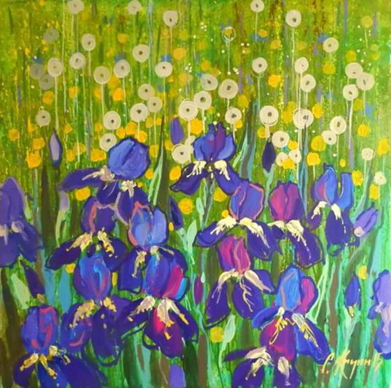 irises and dandelions, 80 x80 cm