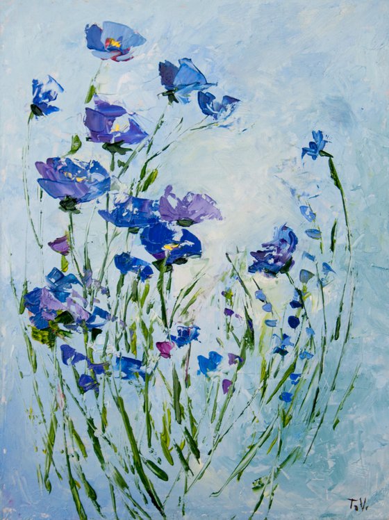 Blue wildflowers. Oil painting.