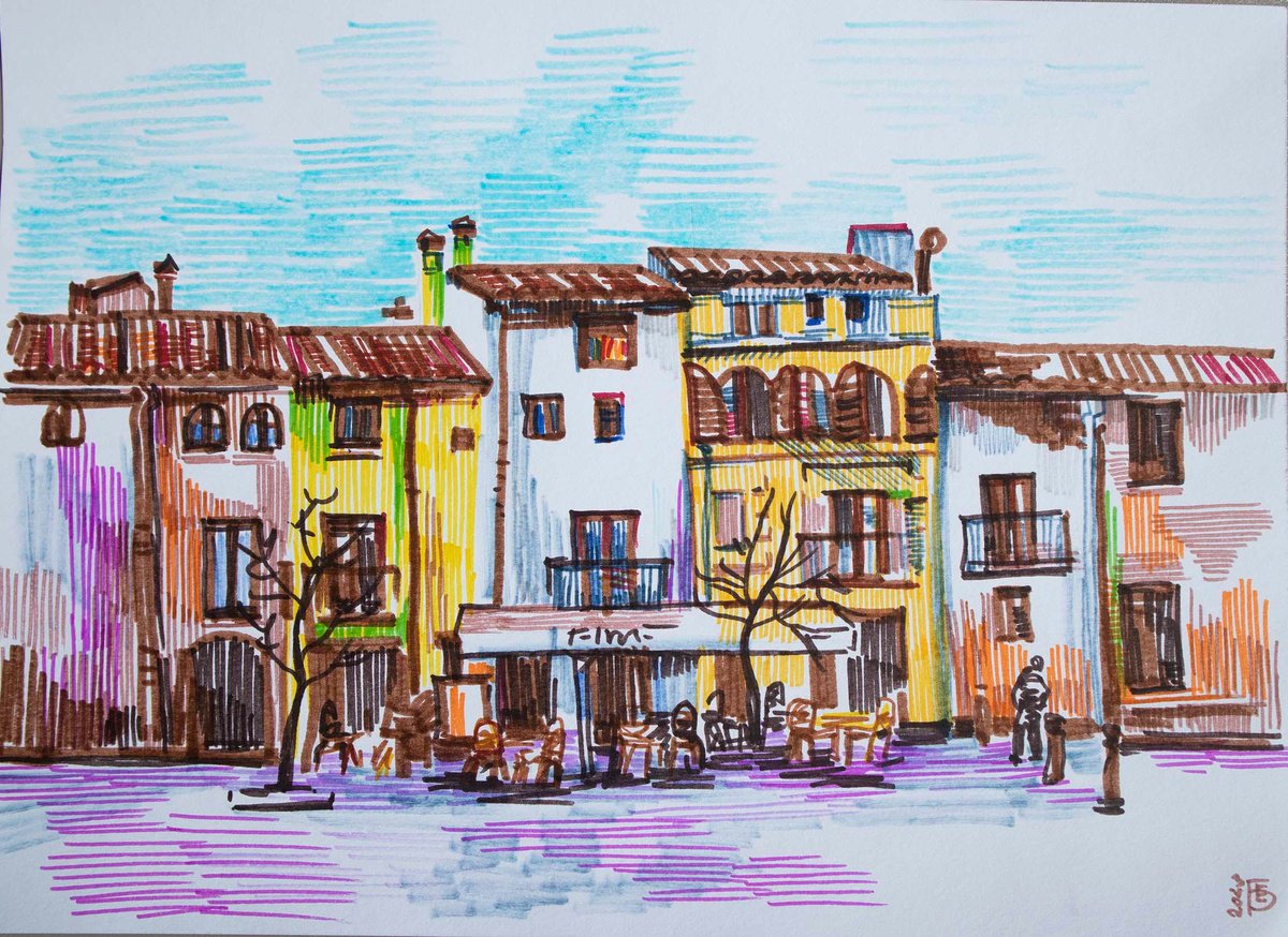 Illustrative Cityscapes Drawing By Kateryna Bortsova, 11 X 8", Drawing Of Spain Landscape In Autumn, Original Artwork