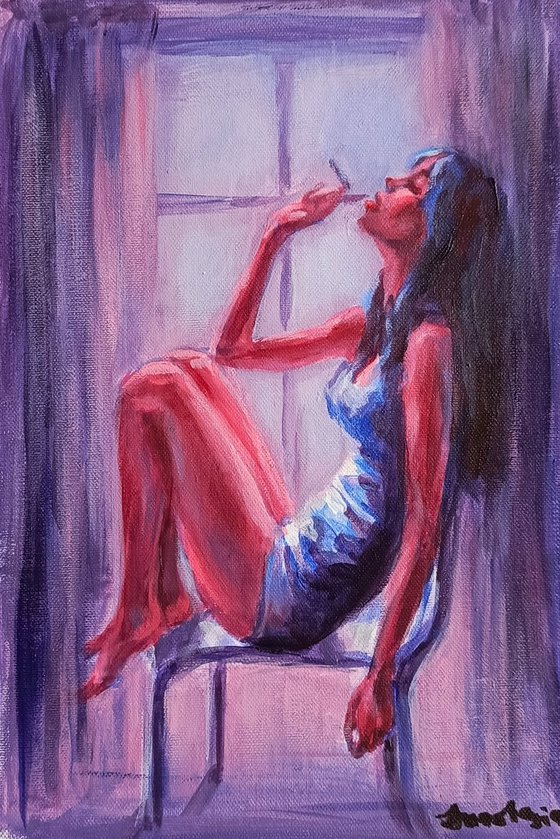 Original acrylic painting Blue Series Smoking woman Portrait
