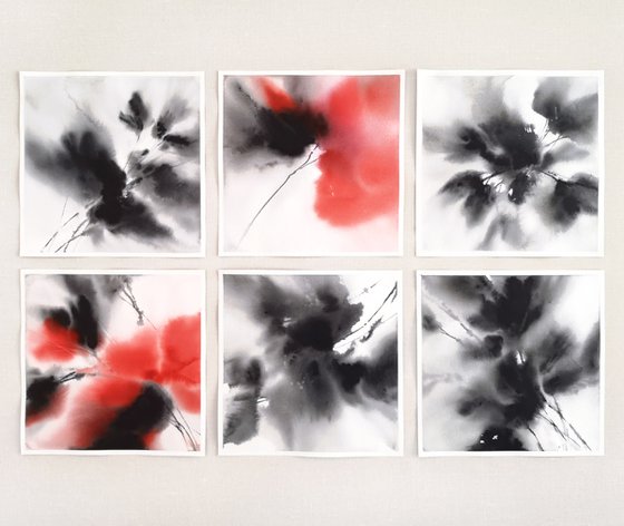 Black ans red abstract flowers Set of 6