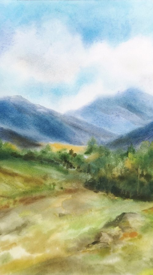 Mountain landscape. Summer landscape scenery. Watercolor landscape by Olga Grigo