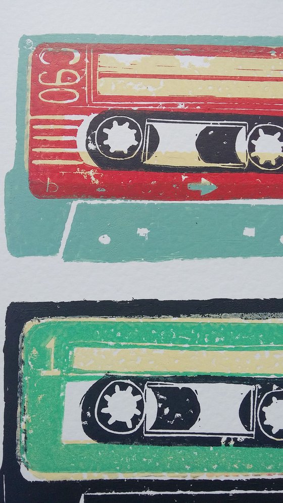 Linocut tapes duo #1 (cassette tapes, retro music, 70's, 80's rock culture)