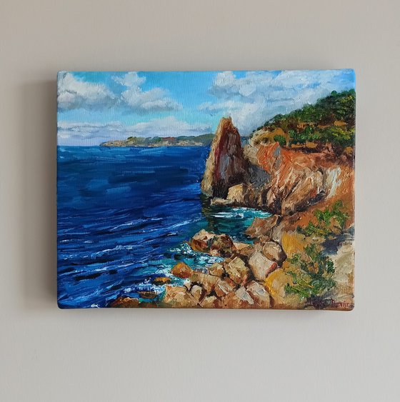 Coastal beach oil painting blue ocean landscape wall decor 10x12"