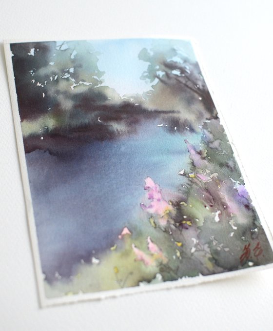 River in the forest, Purple flowers and water in summer