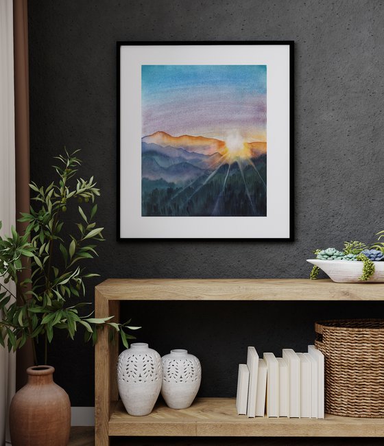 Sunset in the mountains  - original watercolor artwork