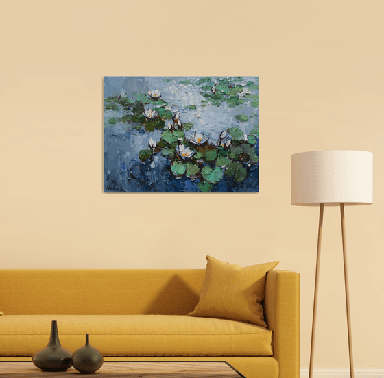 White Water Lilies in pond -  Original Oil painting