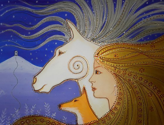 A Dream of Avalon - Mystical Art - Glastonbury Tor - Goddess Art - White Stallion - Avalon
