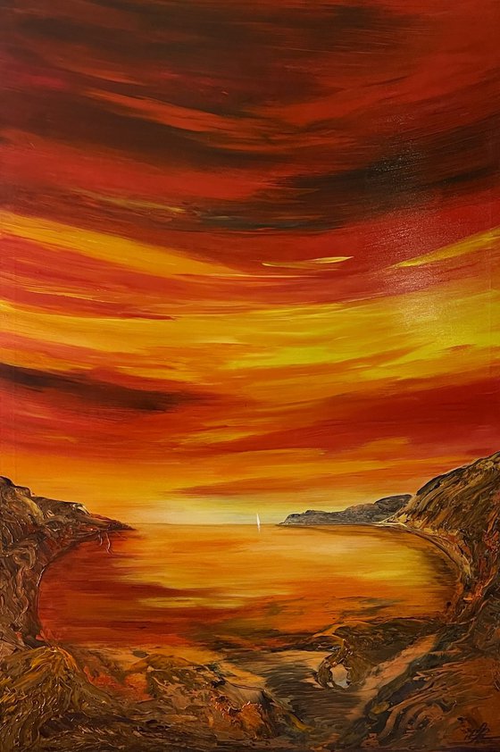 Abstract Red Sunset over Lulworth Cove