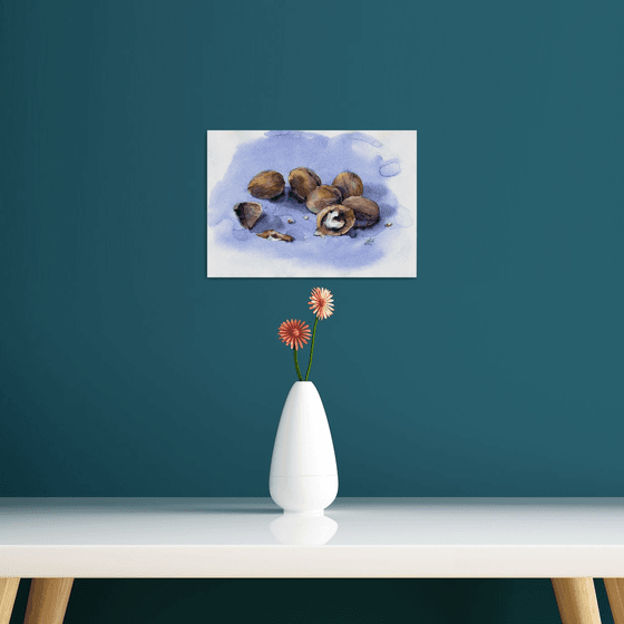 Watercolor still life of walnuts, Vegetarian art for kitchen