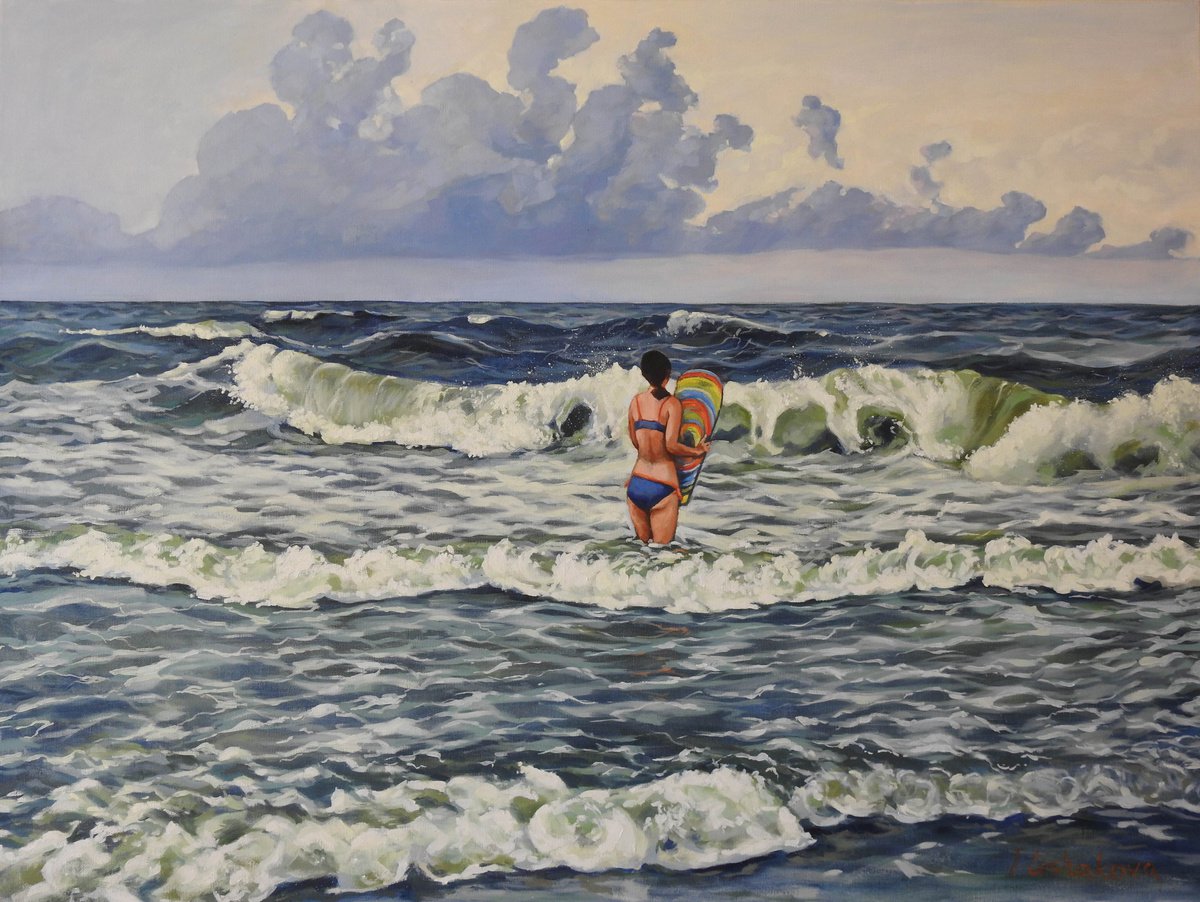 Photorealistic Landscape Oil Painting By Irina Ushakova, 40 X 30, Looking For A Wave, Original Artwork