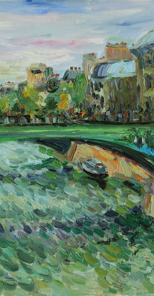 PARIS, GREEN BRIDGE OVER THE SEINE - landscape art, original oil painting, cityscape of Paris, plein air by Karakhan