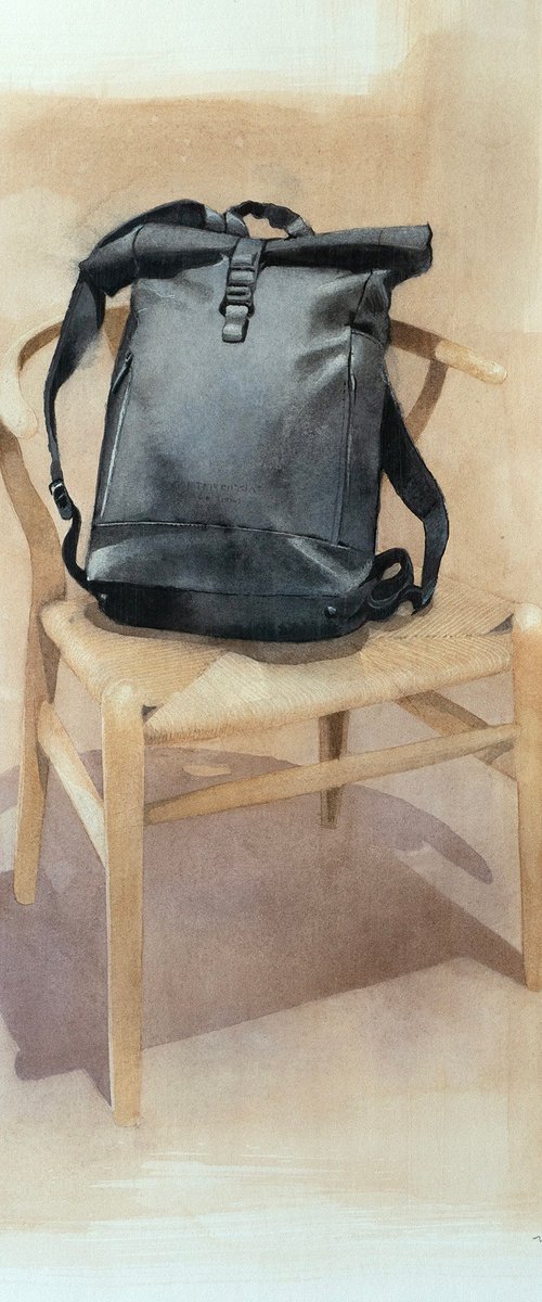 Backpack on Wooden Chair - Still Life by Masato Watanabe