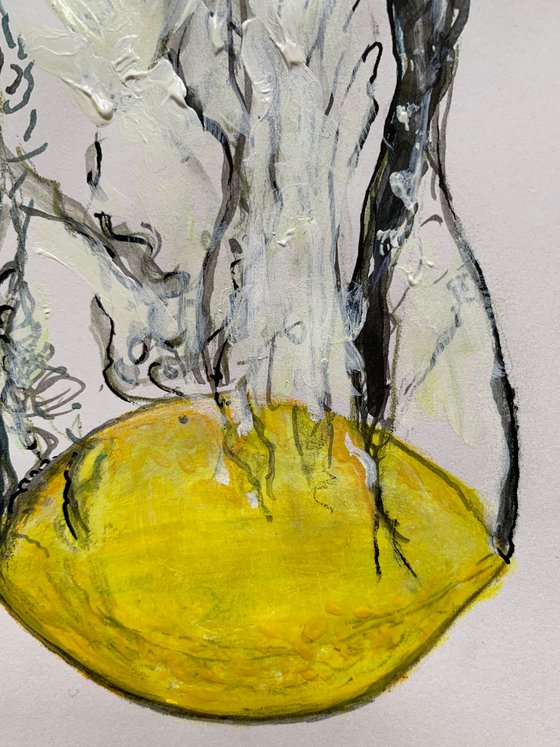Lemon Fruit Falling through Water Acrylic Painting Realistic Water Artwork On Paper Home Decor Gift Ideas