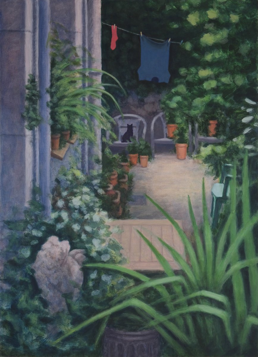 Impressionistic Landscape Acrylic Painting By Hugo Lines, 26 X 35, Cat Sitting In Garden, Original Artwork