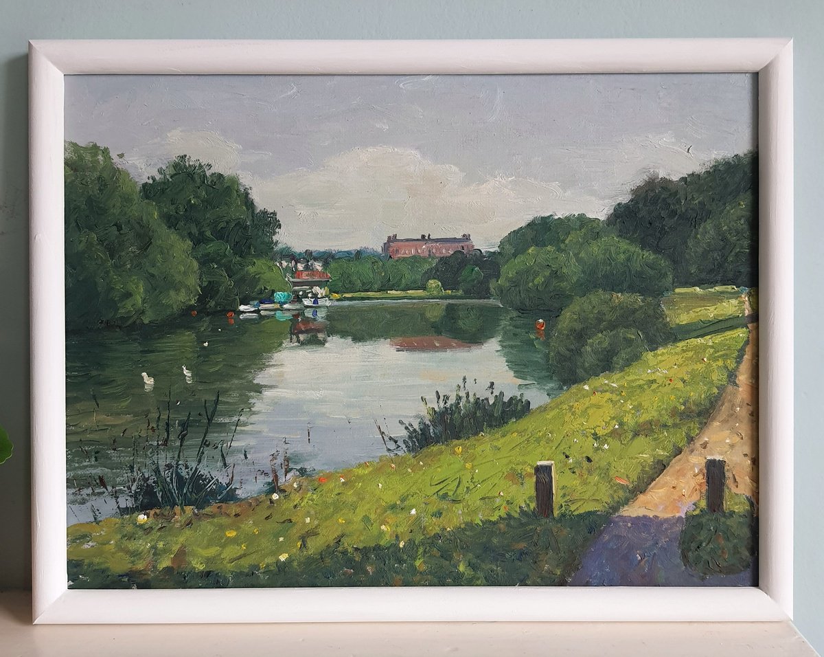 Impressionistic Landscape Oil Painting By Roberto Ponte, 17 X 13", Thames Path Kingston To Kew Bridge, Original Artwork