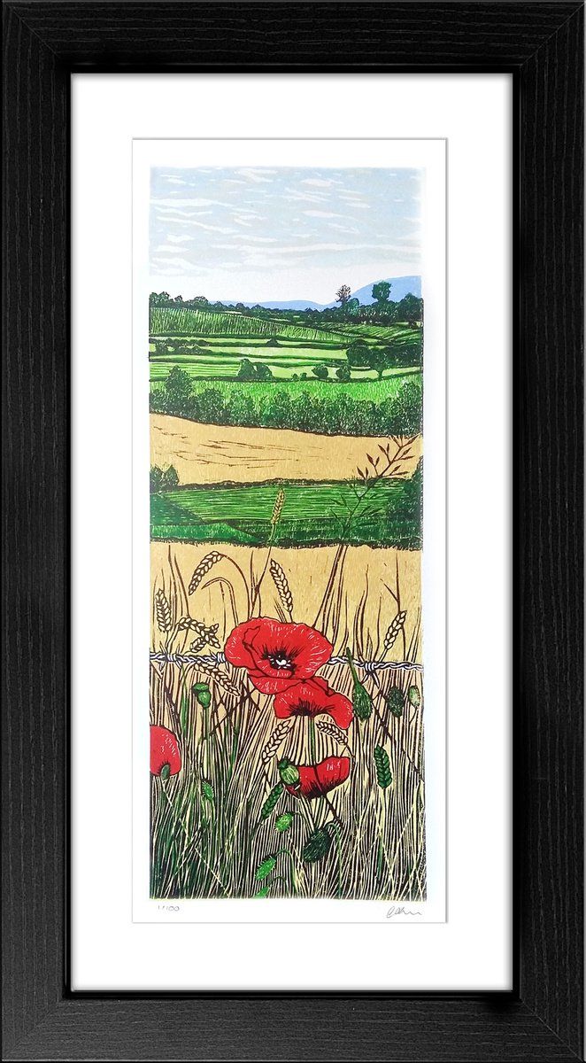 Poppies in the corn (framed and ready to hang - landscape linocut) by Carolynne Coulson