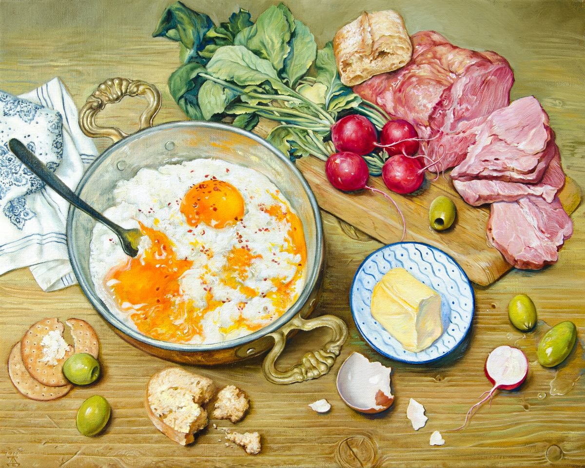Photorealistic Still Life Oil Painting By Daria Galinski, 20 X 16, Still Life With Scrambled Eggs, Original Artwork