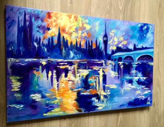 Sunset in London. House of Parliament. LARGE OIL PAINTING