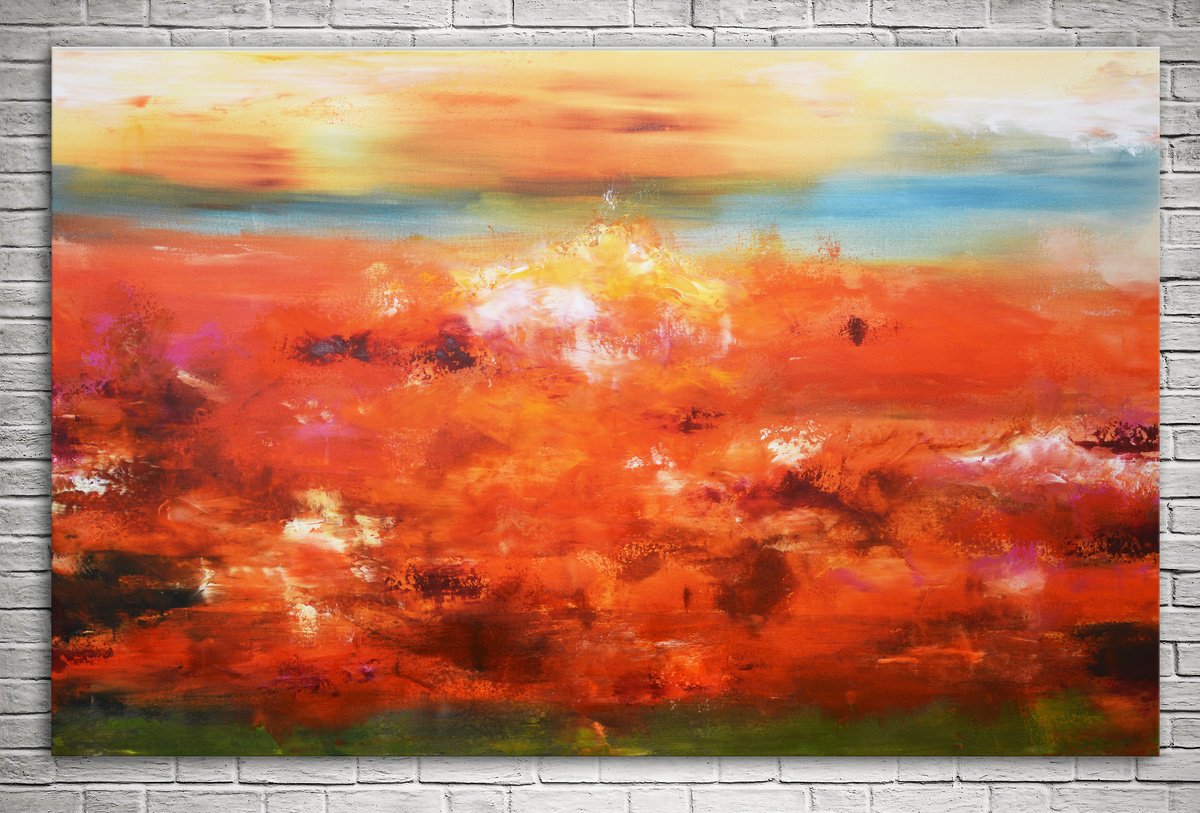 Abstract Acrylic Painting By Andrada Anghel, 48 X 30, Sunset Over The Hills, Original Artwork