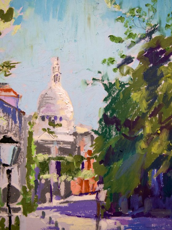 Paris. Montmartre. Oil pastel painting.  Small travel street urban interior decor gift paris france shadow original impression