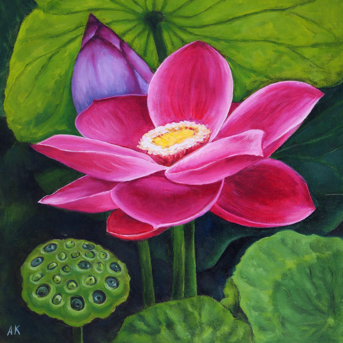 Photorealistic Botanical Oil Painting By Alfia Koral, 10 X 10, Blooming Lotus, Original Artwork
