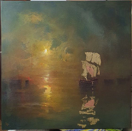 " Harbor of destroyed dreams - Emerald Night " W 110 x H 110 cm