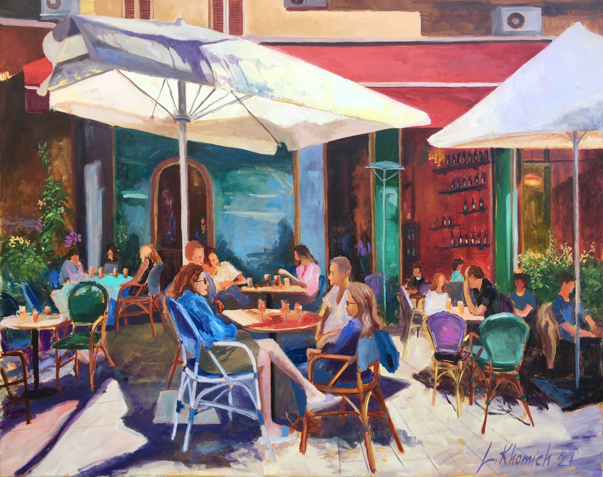 Photorealistic Cityscapes Oil Painting By Leo Khomich, 40 X 32", Outside Cafe Under Umbrella, Original Artwork