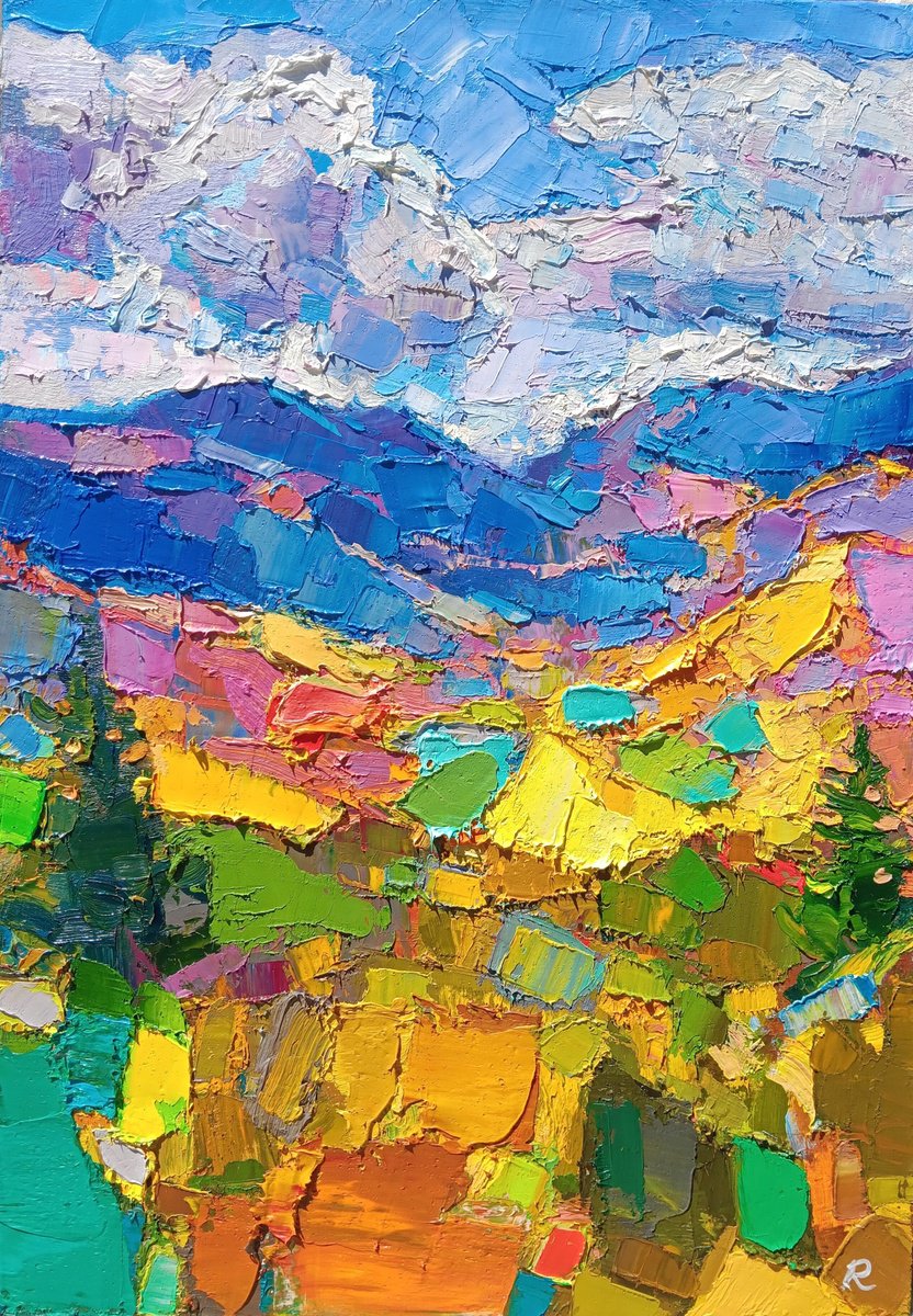 Impressionistic Landscape Oil Painting By Ruslan Khais, 19 X 26", Alpine Motive. Sun And Clouds, Original Artwork